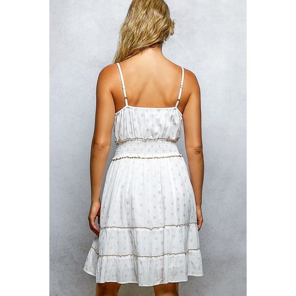 POL Boho Floral Embroidered Smocked Cotton Mini Dress White V-Neck Tassel LARGE - Picture 5 of 5